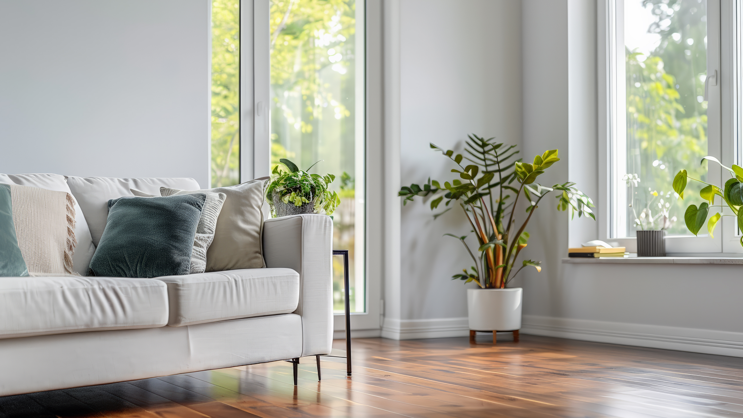 A bright and modern living room featuring a light-colored sofa with decorative pillows, hardwood flooring, and large windows letting in natural light. Several potted plants are placed in the corners and on the windowsill, enhancing the fresh and airy atmosphere.